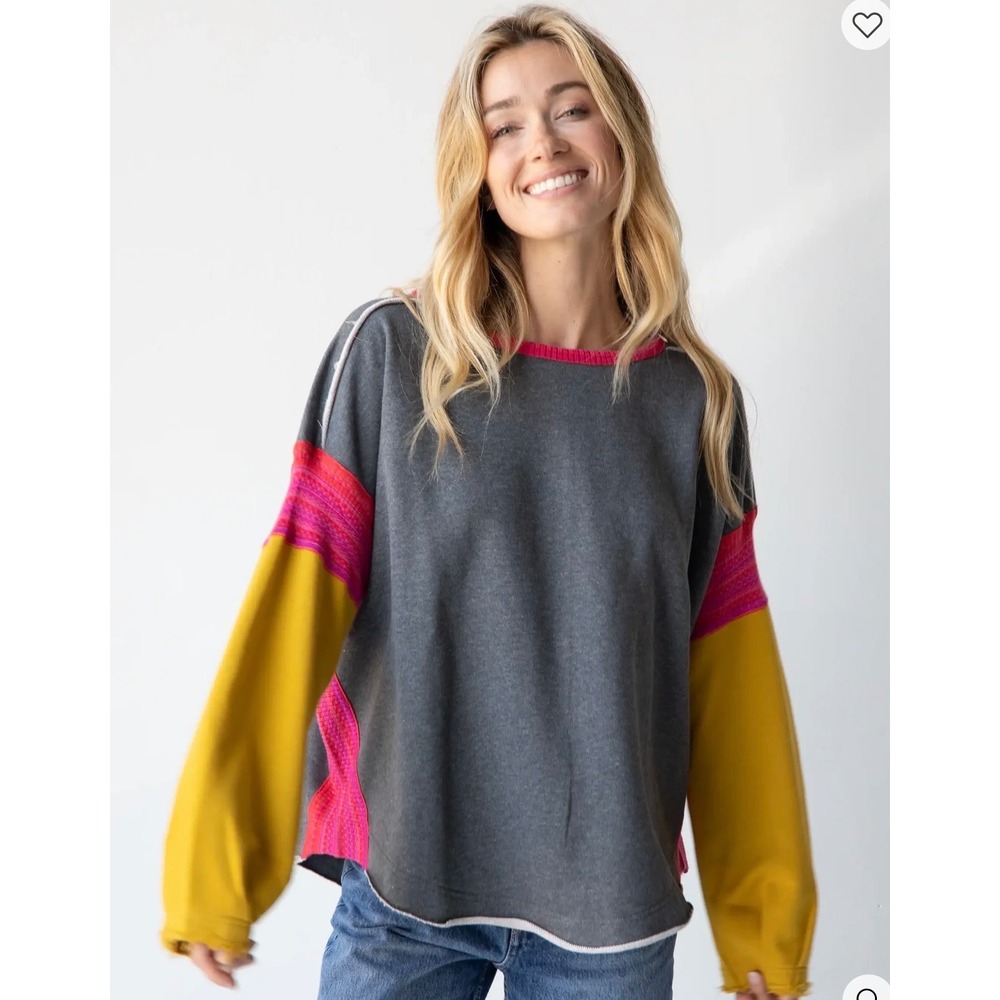 Natural Life Knit Trim Sweatshirt grey mustard yellow‎ sleeves pink white trim